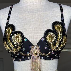 Black Gold Embellished Bra Top Rhinestones Brand New EDC Festival